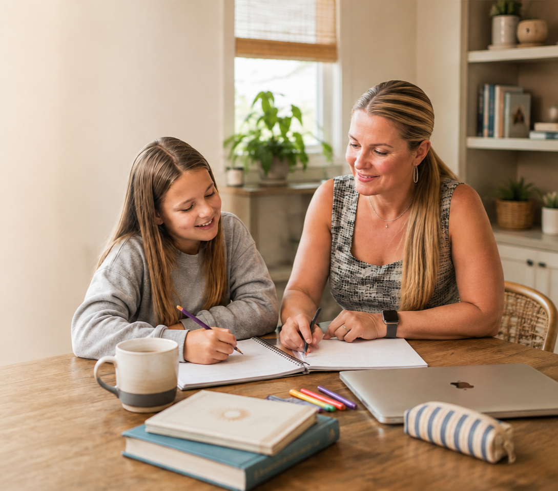 A woman and girl sitting at a wooden table, smiling and writing in notebooks, with books, markers, a mug, and a laptop on the table, in a cozy room with a window and bookshelves.