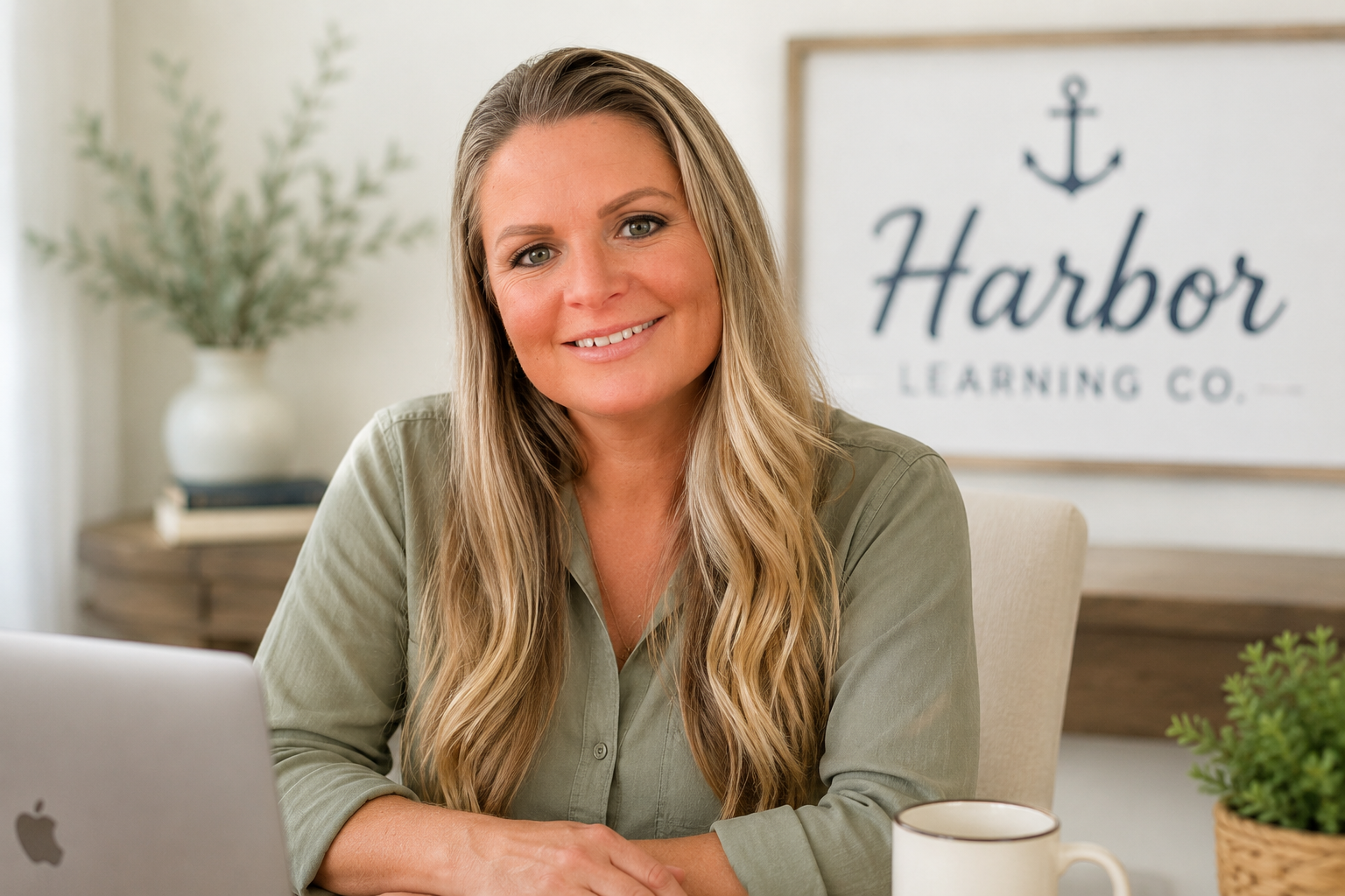 A woman with long blonde hair smiling while sitting at a desk in front of a laptop with an Apple logo. In the background, there is a sign that says "Harbor Learning Co." with an anchor icon, and a side table with a potted plant and a stack of books.