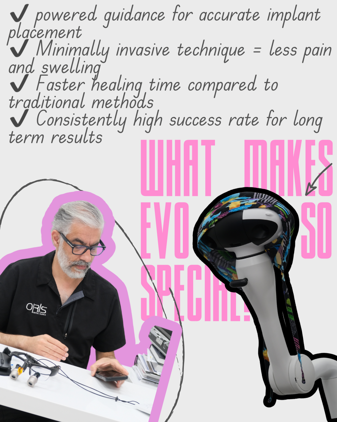 Infographic introducing EVO-guided implant placement with Dr. Maziar and the navigation device.