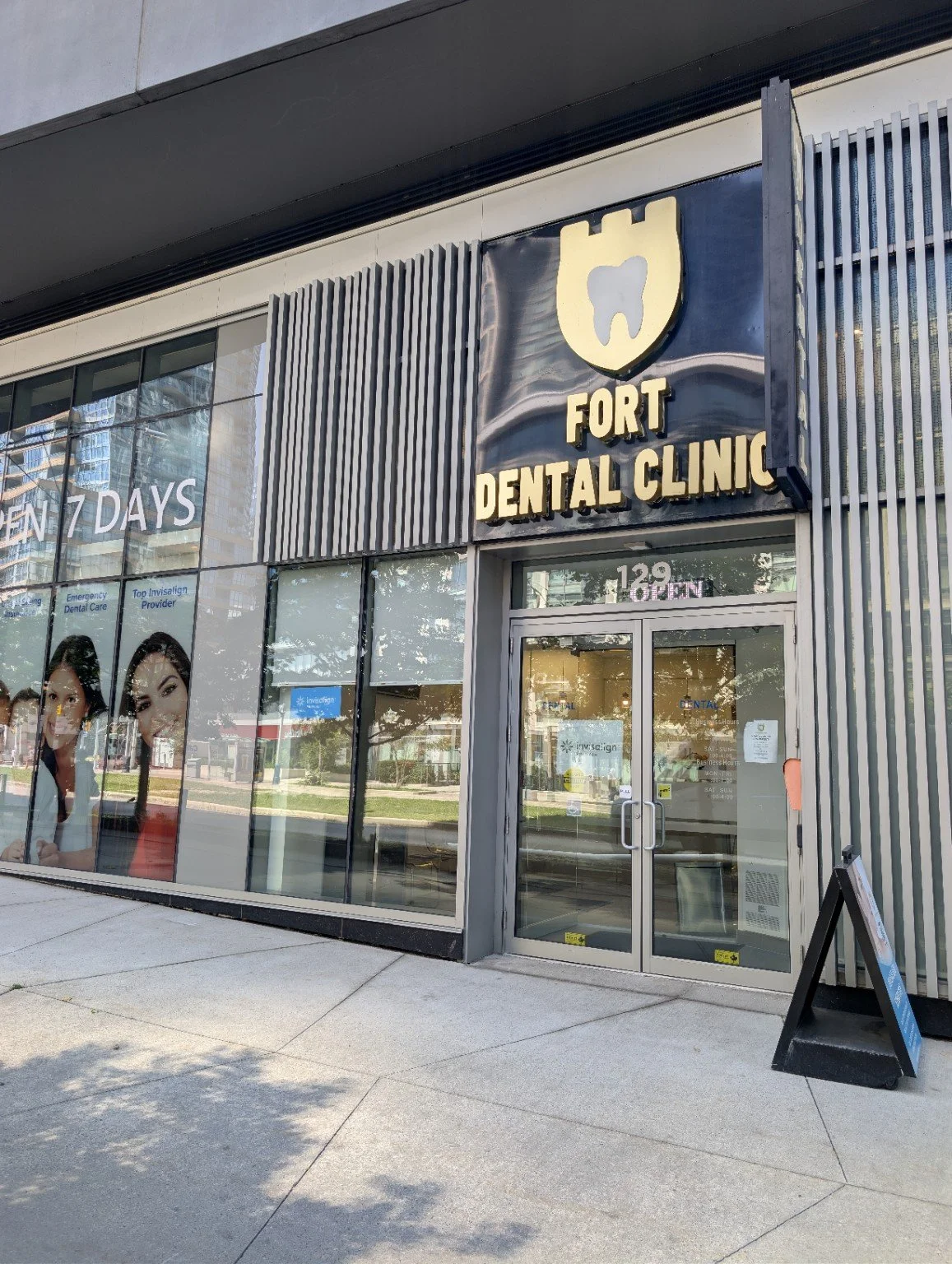Exterior entrance of Fort Dental Clinic at 129 Fort York Boulevard in Toronto.