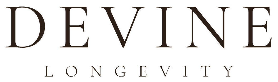 Text logo with the words 'DEVINE LONGEVITY' in large, elegant font.