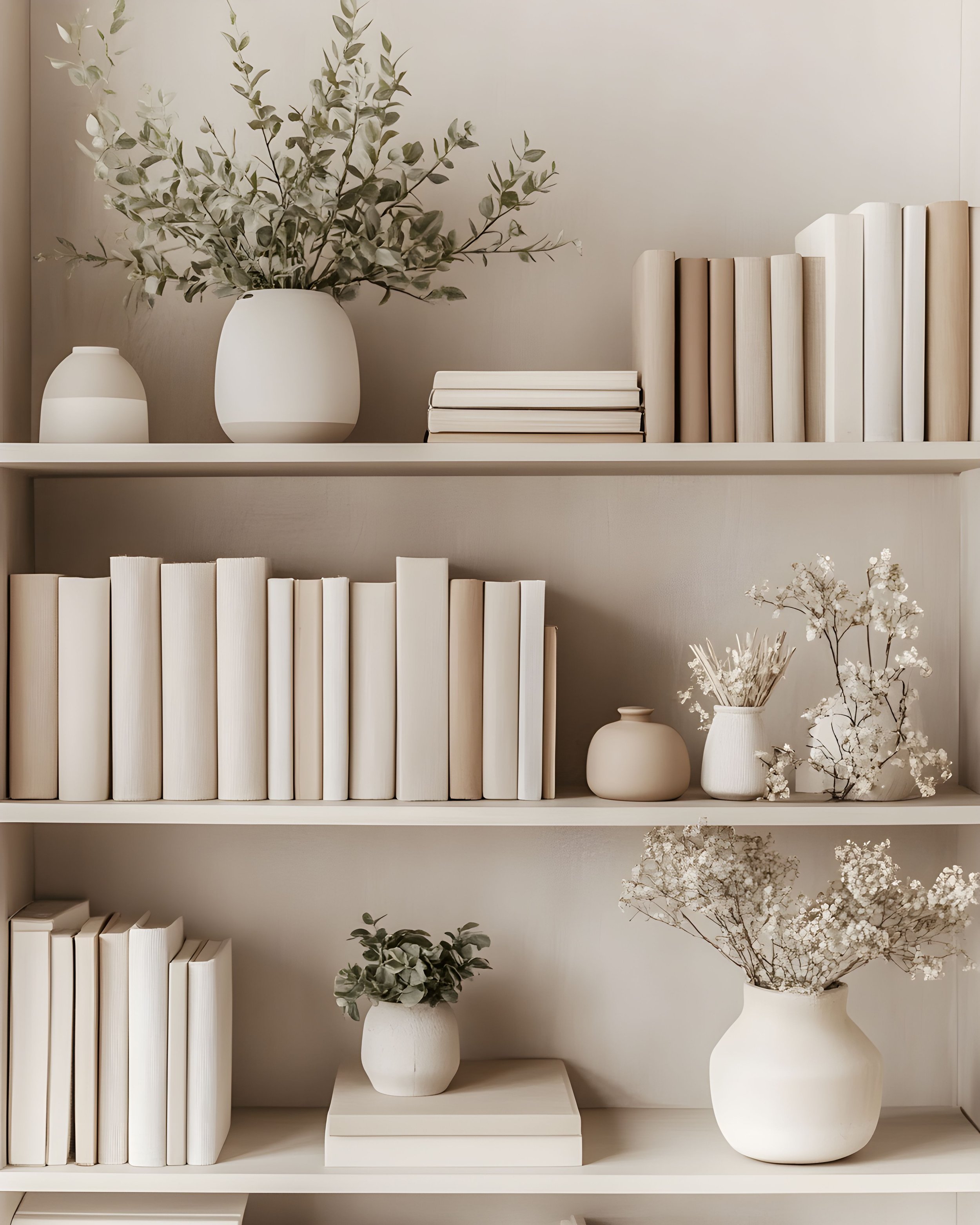 White bookshelves with white and beige books, white vases with green foliage and white flowers, and decorative dried flowers, arranged in a minimalistic style.