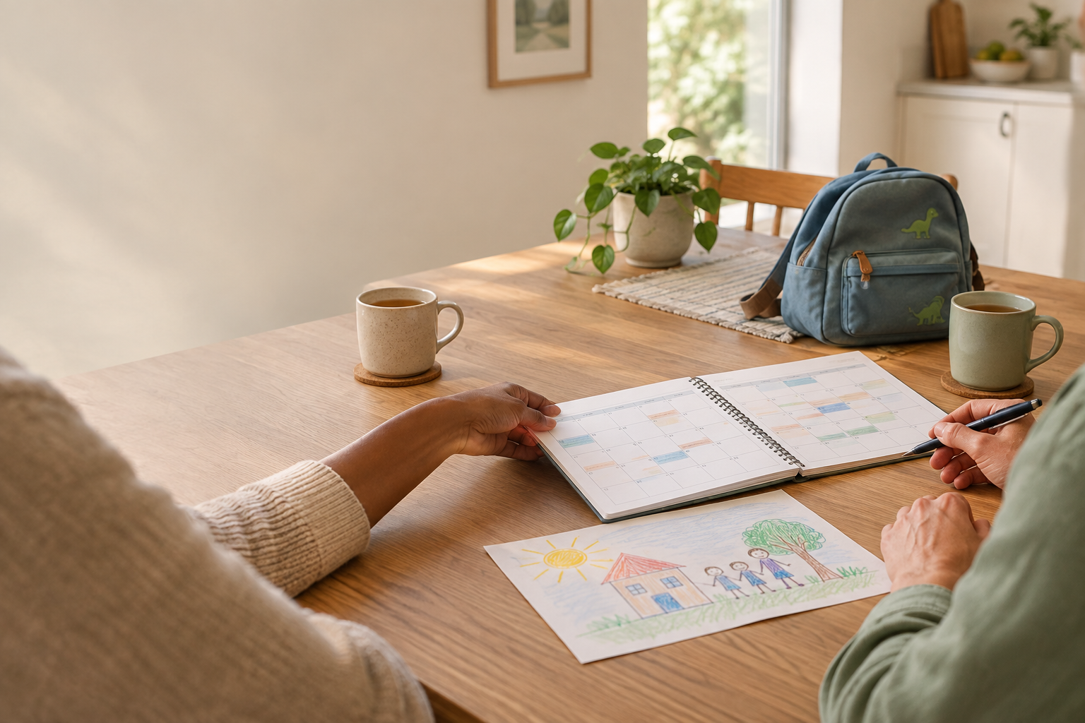 Two people at a wooden table with a calendar, drawing of a house and children, two cups of coffee, a potted plant, and a blue backpack in a bright room.