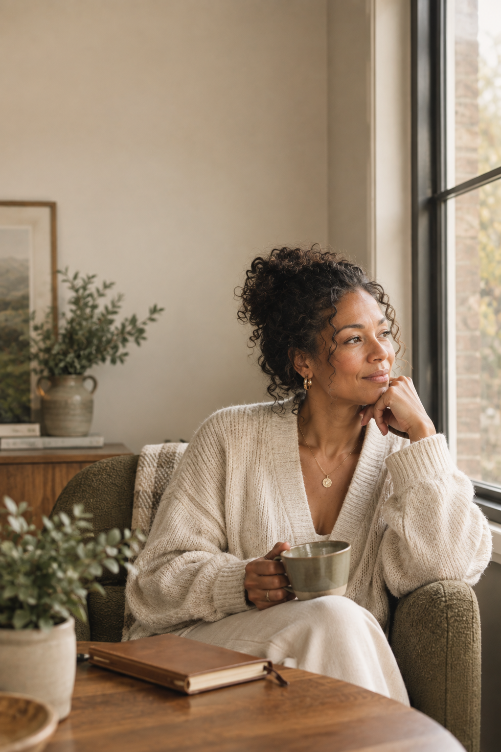 A woman with curly hair sitting on a green armchair, holding a mug, looking out the window with a thoughtful expression, wearing a cream-colored cardigan and jewelry, in a cozy living room.