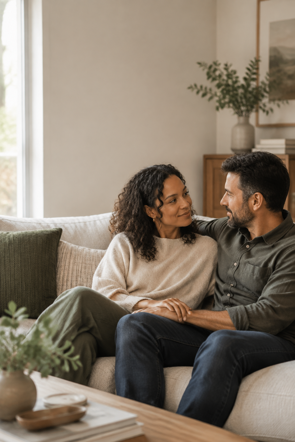 A couple sitting on a beige sofa, looking at each other affectionately in a well-lit living room with houseplants and framed pictures.
