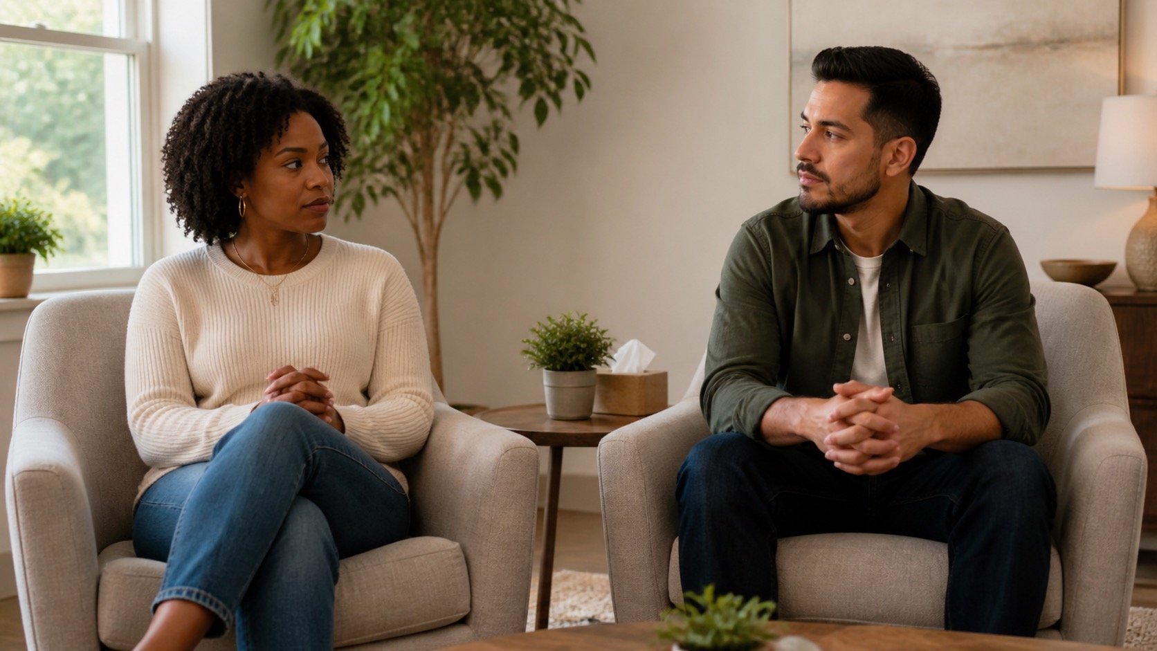 A woman and a man seated on armchairs in a living room having a conversation. The woman has curly hair, is wearing a cream sweater and has her hands clasped. The man has short dark hair, is wearing a green shirt over a white t-shirt, and has his hands clasped on his lap. There are plants and a window in the background, and a side table with a plant and tissue box between them.