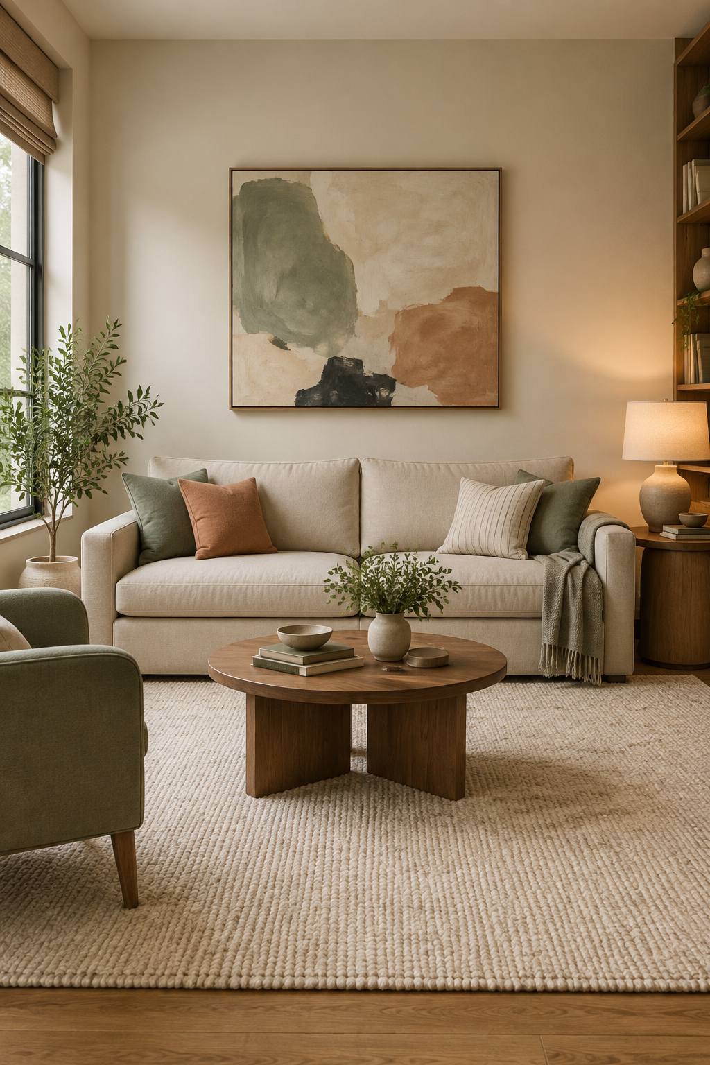 A cozy living room with a beige sofa decorated with green, rust, and striped pillows, a round wooden coffee table with vases and books, a side table with a lamp, a potted plant, an abstract painting on the wall, and a window with shades letting in natural light.