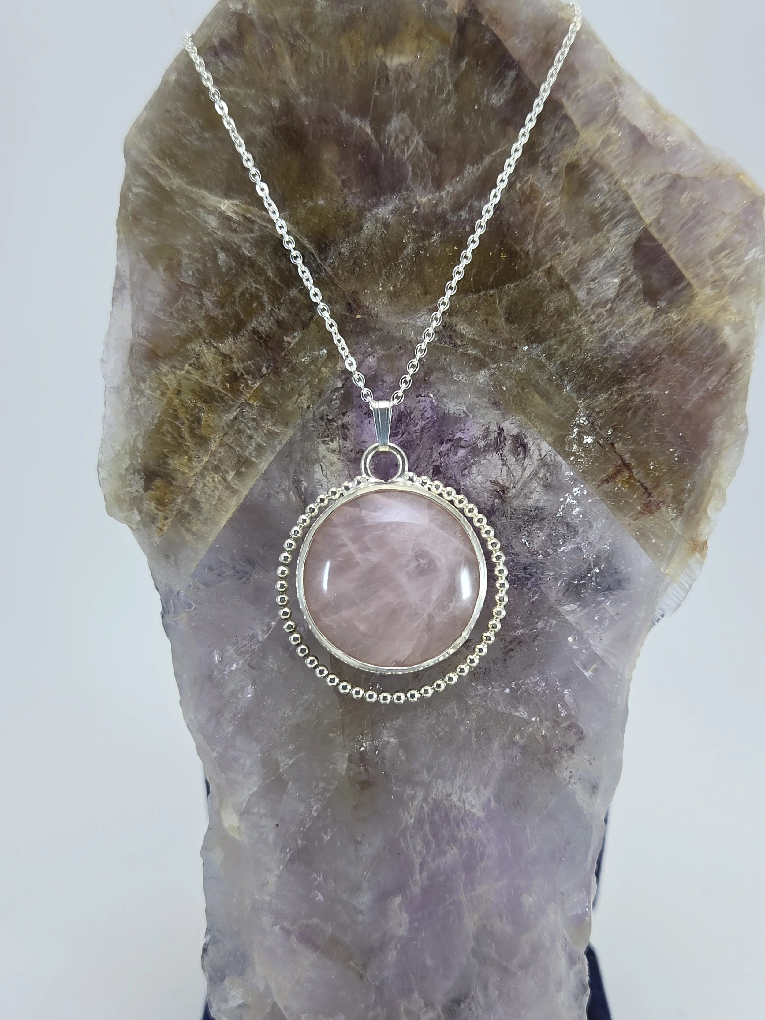 Rose Quartz Pendant with Silver Beaded Wire
