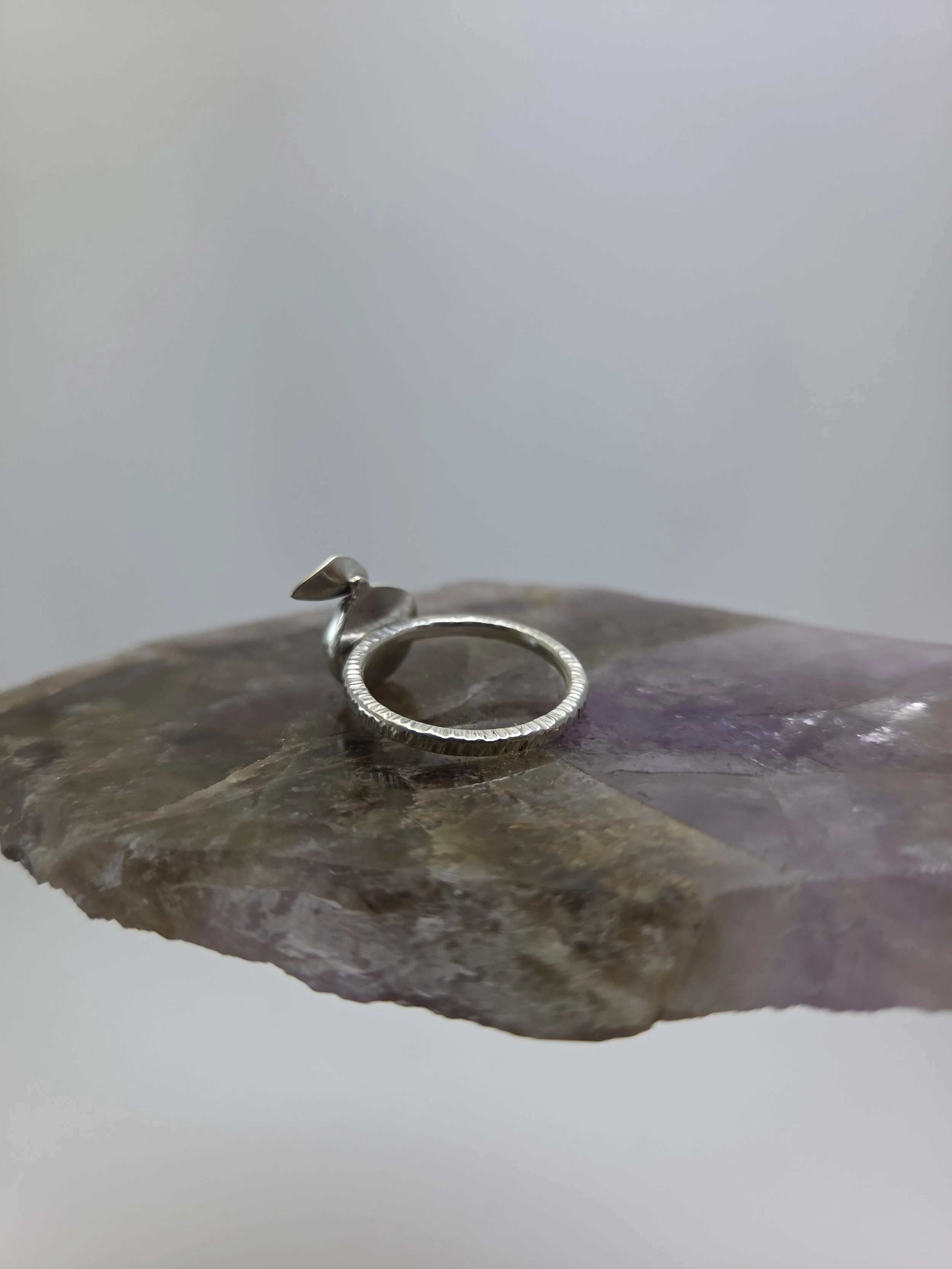 Silver ring back view of blueberry shaped stone