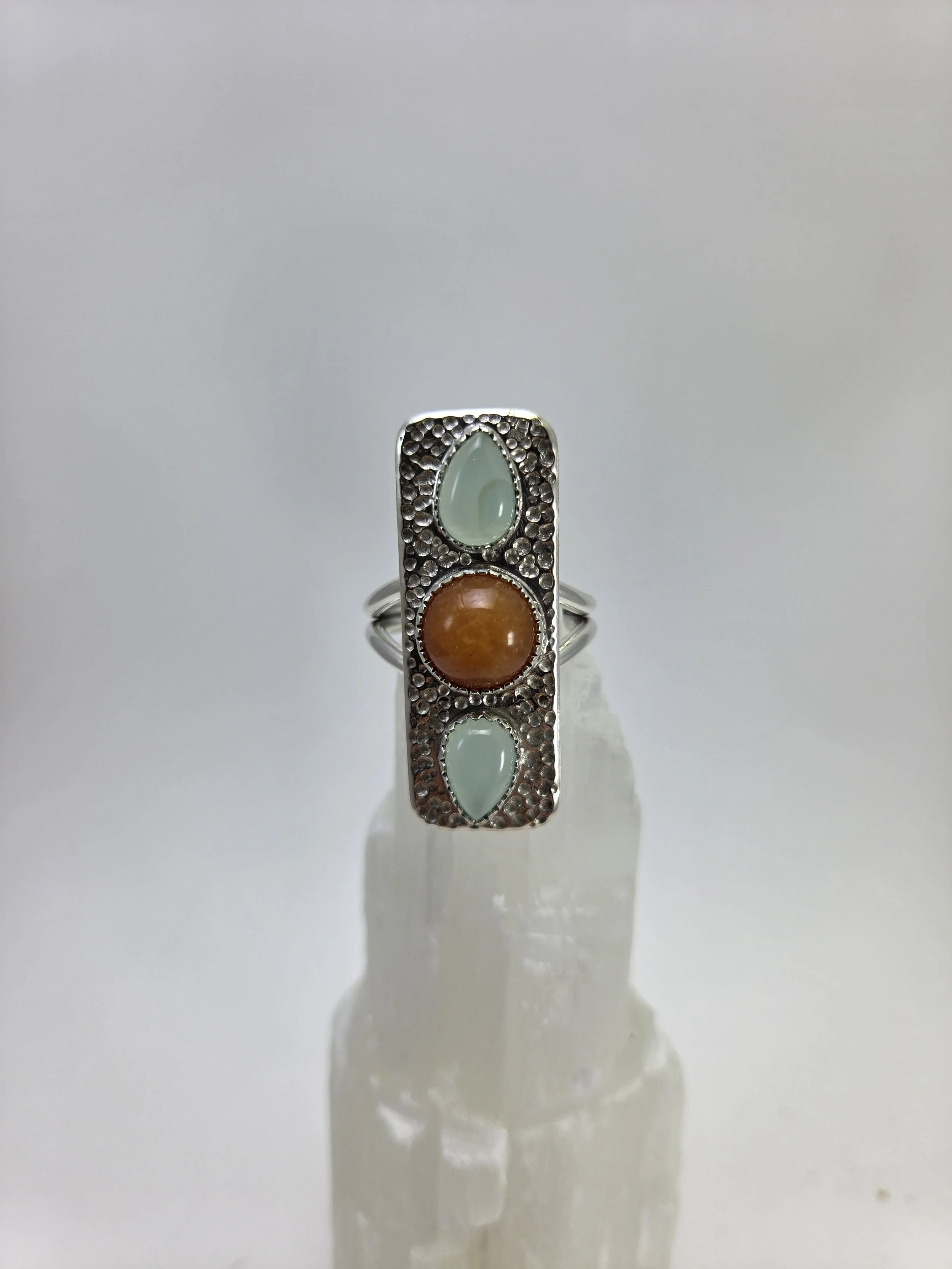 Aventurine and sky blue chalcedony sterling silver split shank ring