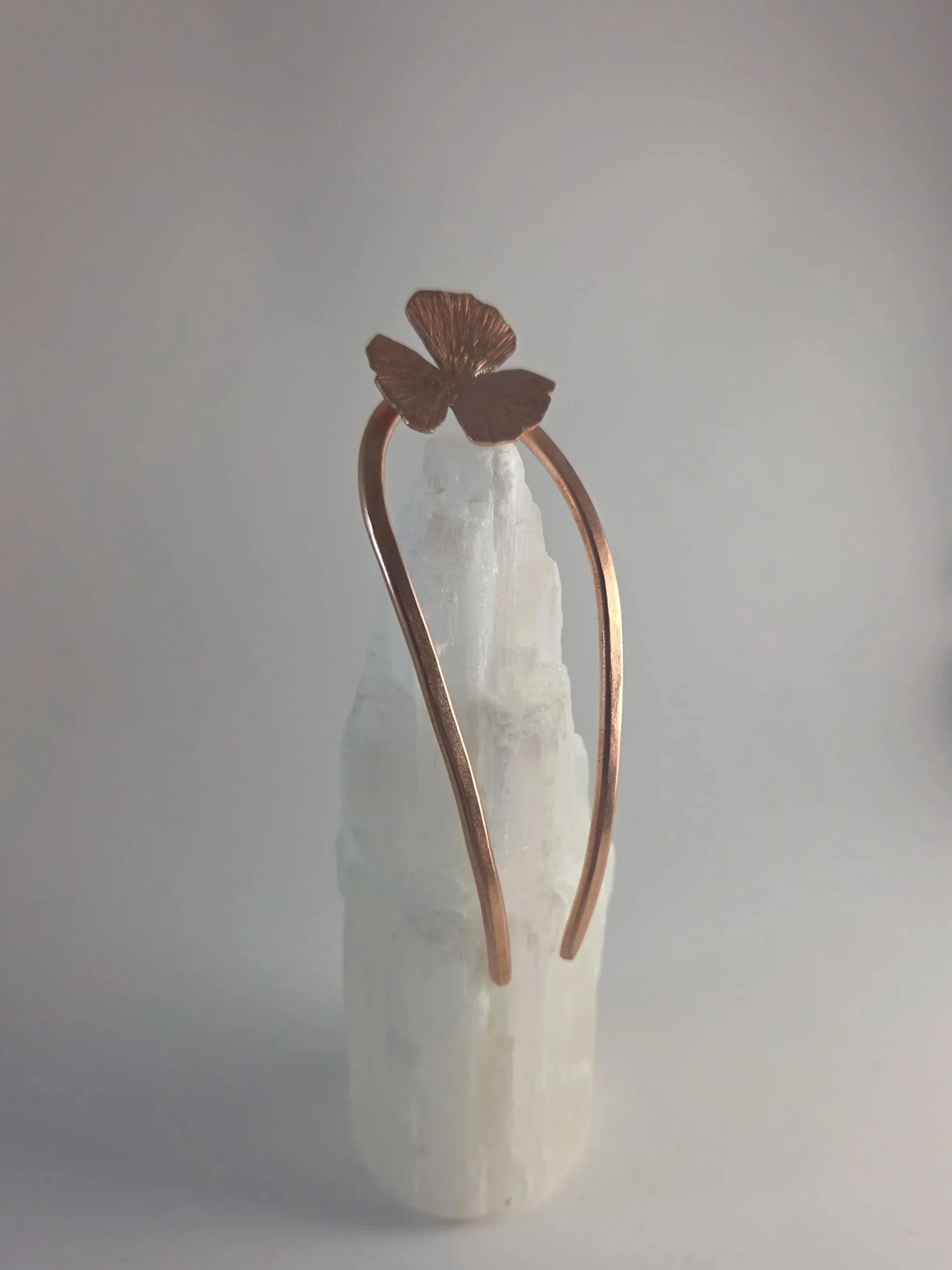 Close-up of a glass bottle with two copper wire loops and a small brown butterfly perched on top.