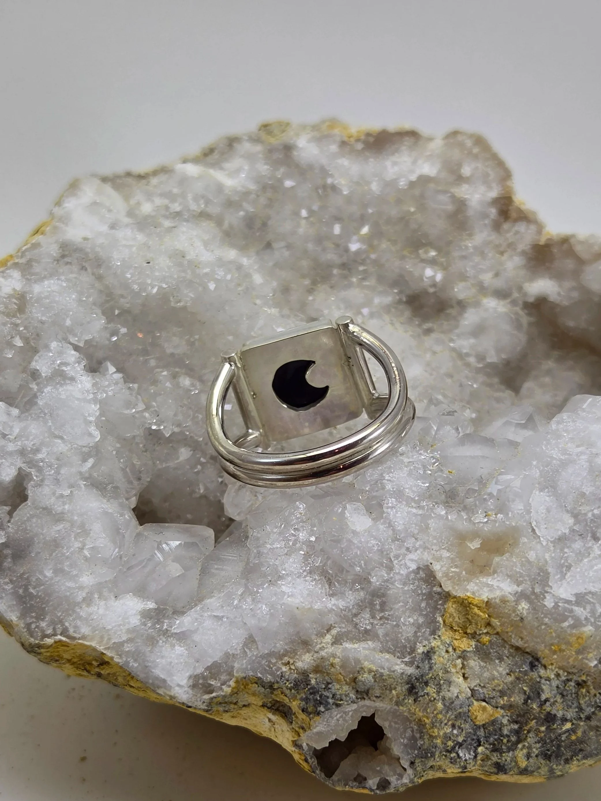 Black onyx silver ring with hidden moon