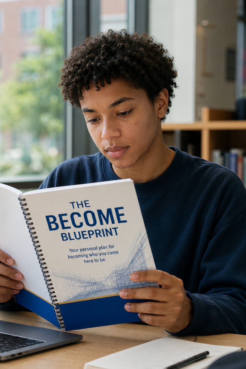 A young man reading a book titled 'The Become Blueprint' at a desk with a laptop, notebook, and pen in front of him, in a room with large windows and bookshelves.