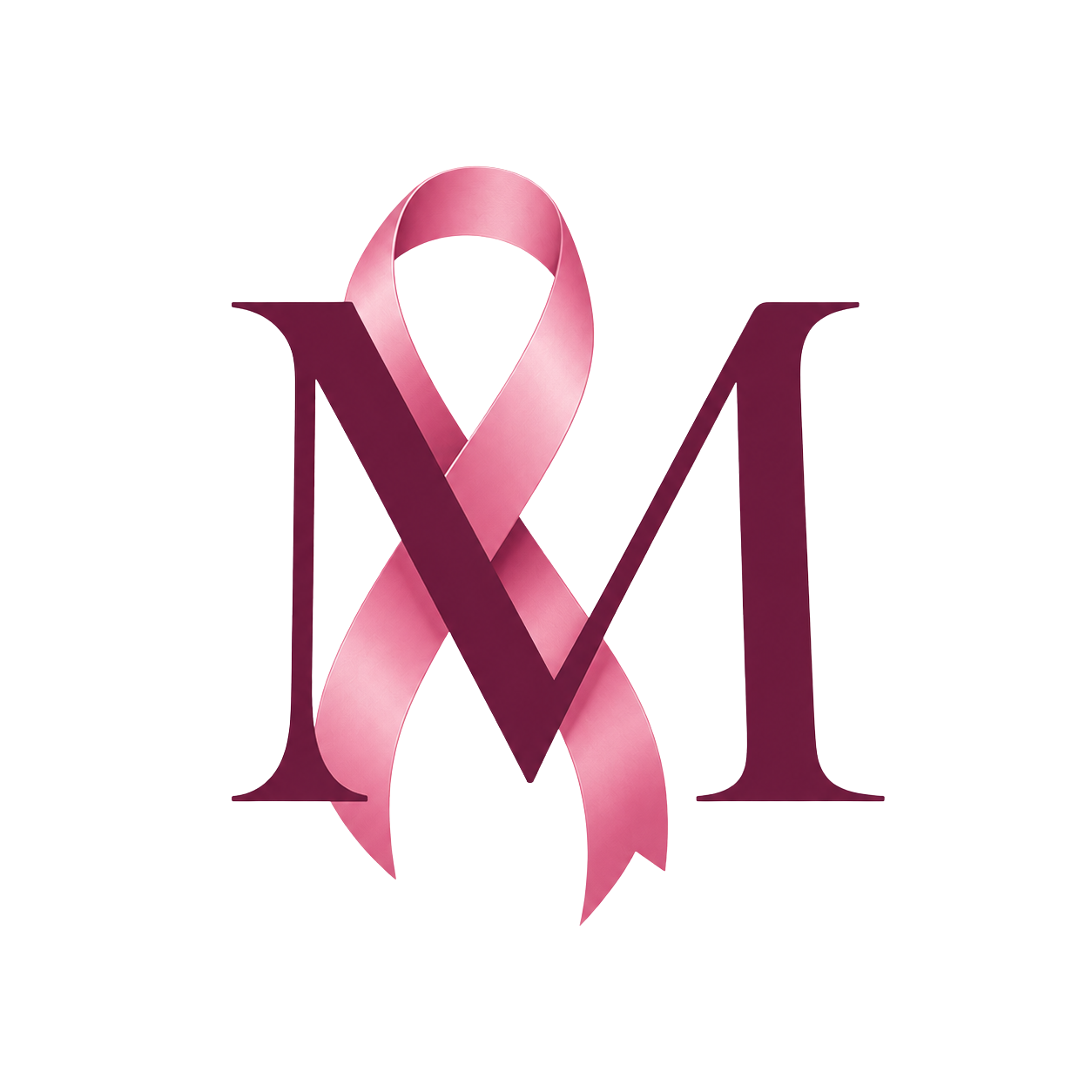A large pink ribbon intertwined with a dark pink ribbon forming the shape of the letter 'M'.