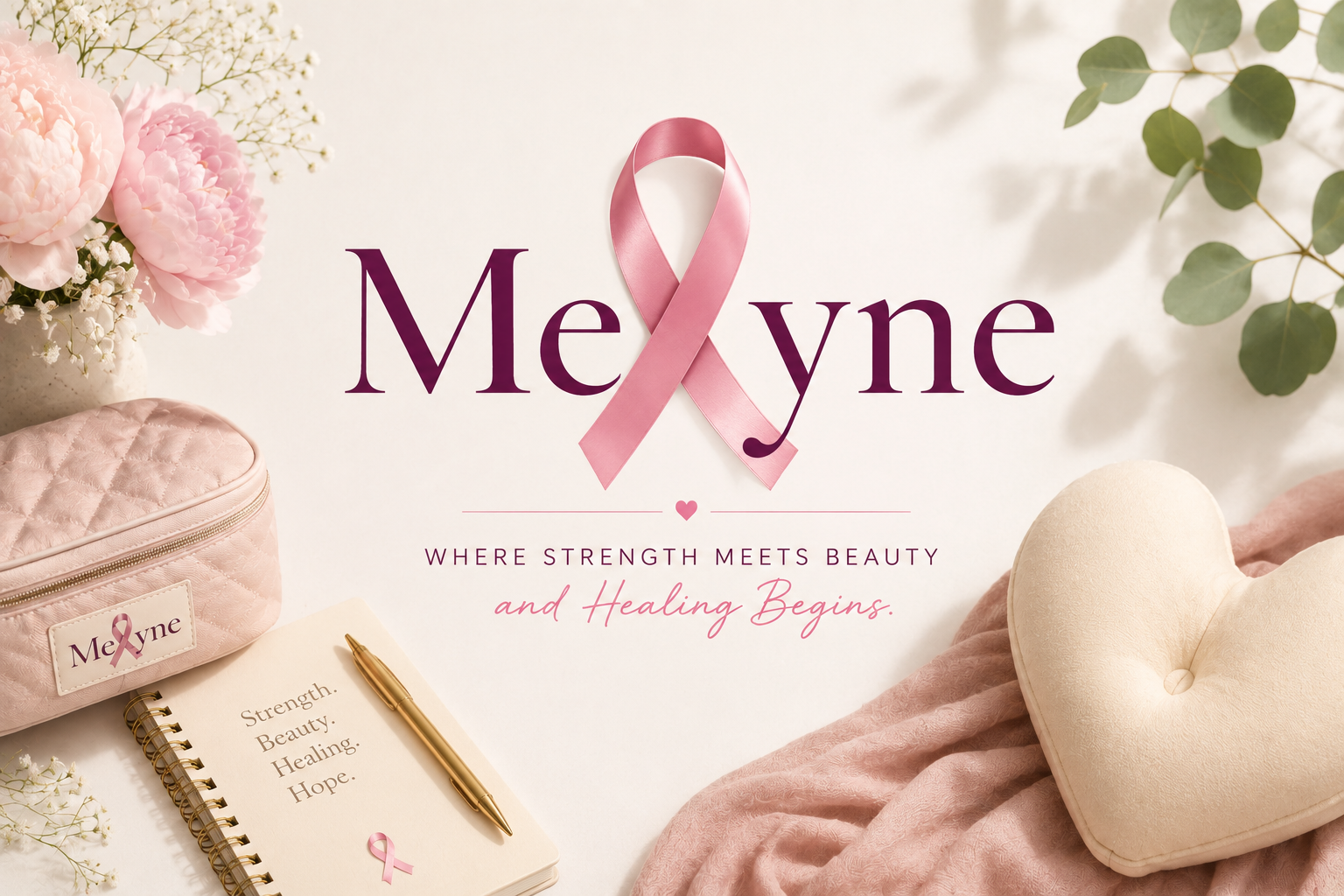 Pink breast cancer awareness ribbon overlapping the word 'Meyne' on a light background with pink flowers, a pink quilted pouch with a 'Meyne' label, a notepad with encouraging words, and a cream-colored heart-shaped pillow, surrounded by green leaves.
