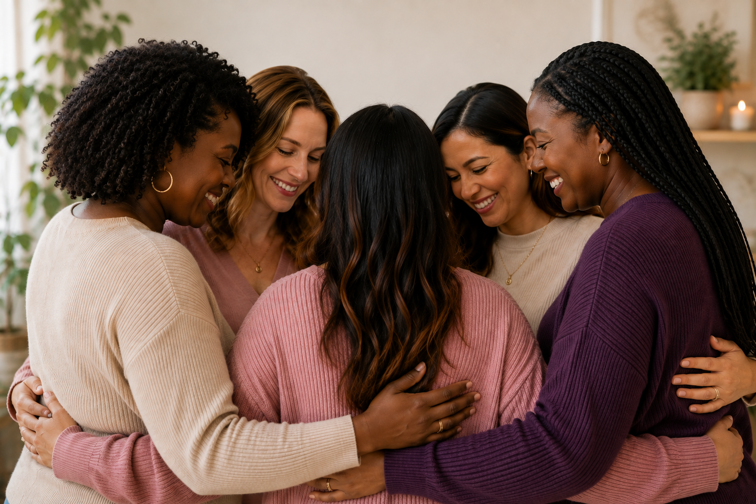 Five women, embracing and smiling, gathered in a circle indoors for a group hug.