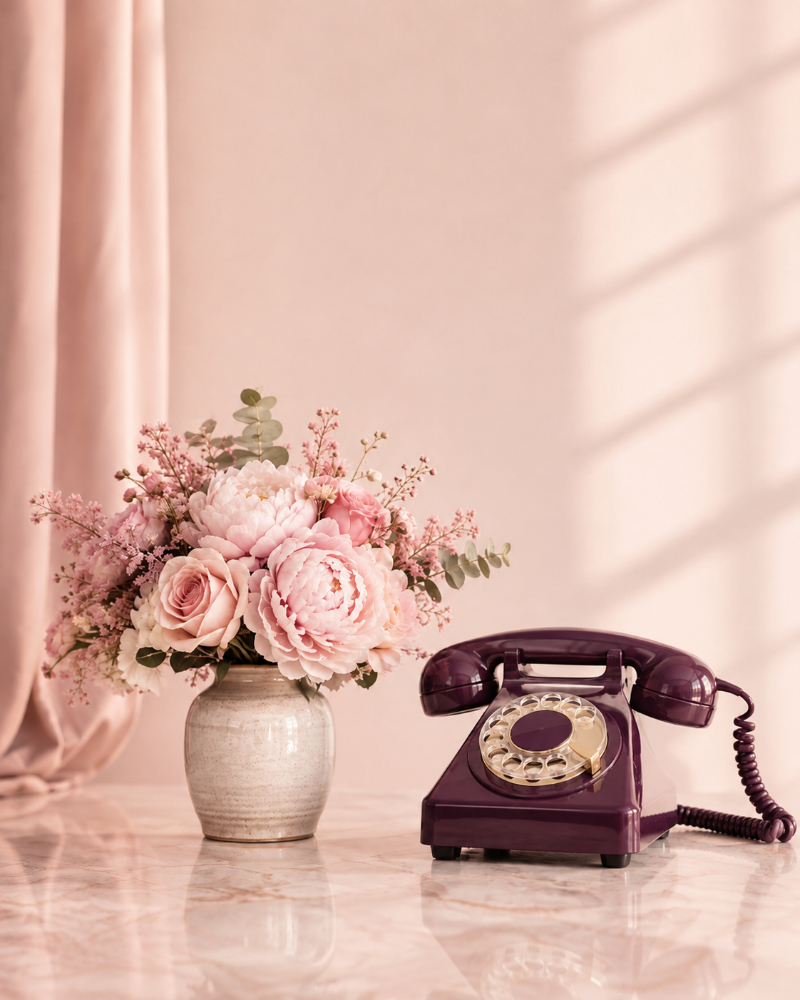 A purple vintage rotary phone next to a pink bouquet of flowers in a white vase on a marble surface.