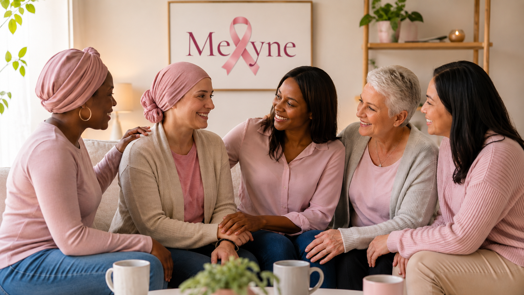 A group of women sitting on a couch, engaged in a supportive conversation during a breast cancer awareness event, with a 'Melyne' pink ribbon poster in the background.
