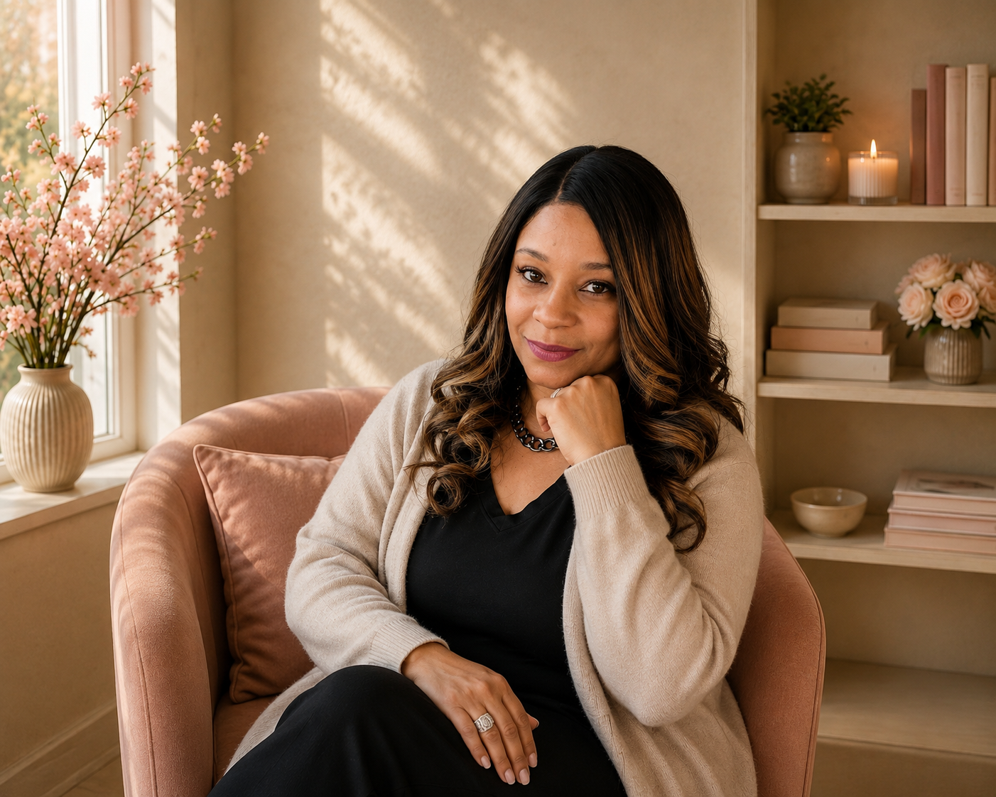 A woman with long dark hair and a beige sweater sitting in a pink armchair with her hand resting on her chin, in a warmly lit room with a vase of pink flowers on the window sill and a bookshelf with books and candles in the background.