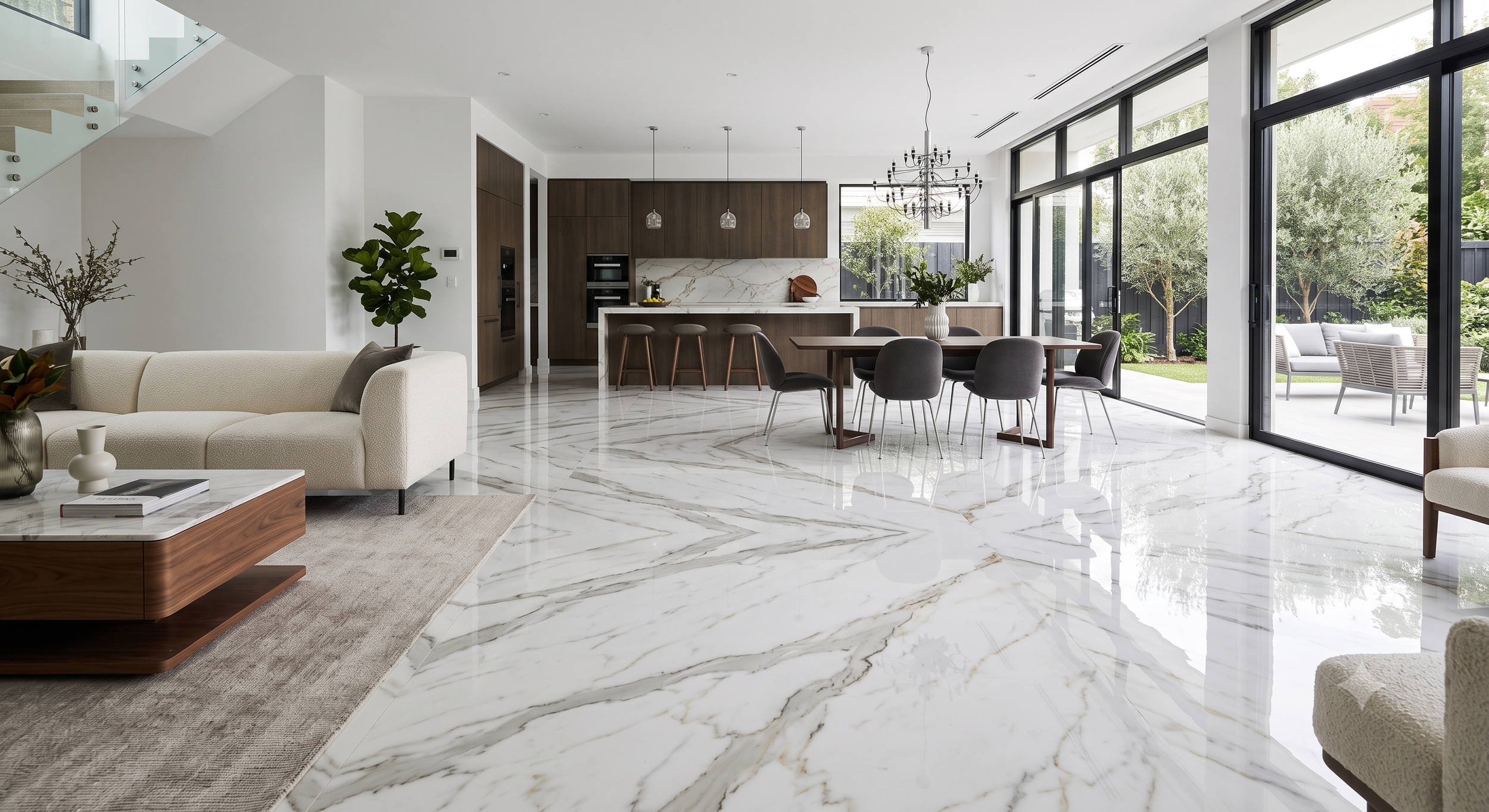 Modern open-concept living and dining area with white marble floors, a kitchen with dark wood cabinets, and large sliding glass doors leading to an outdoor patio.