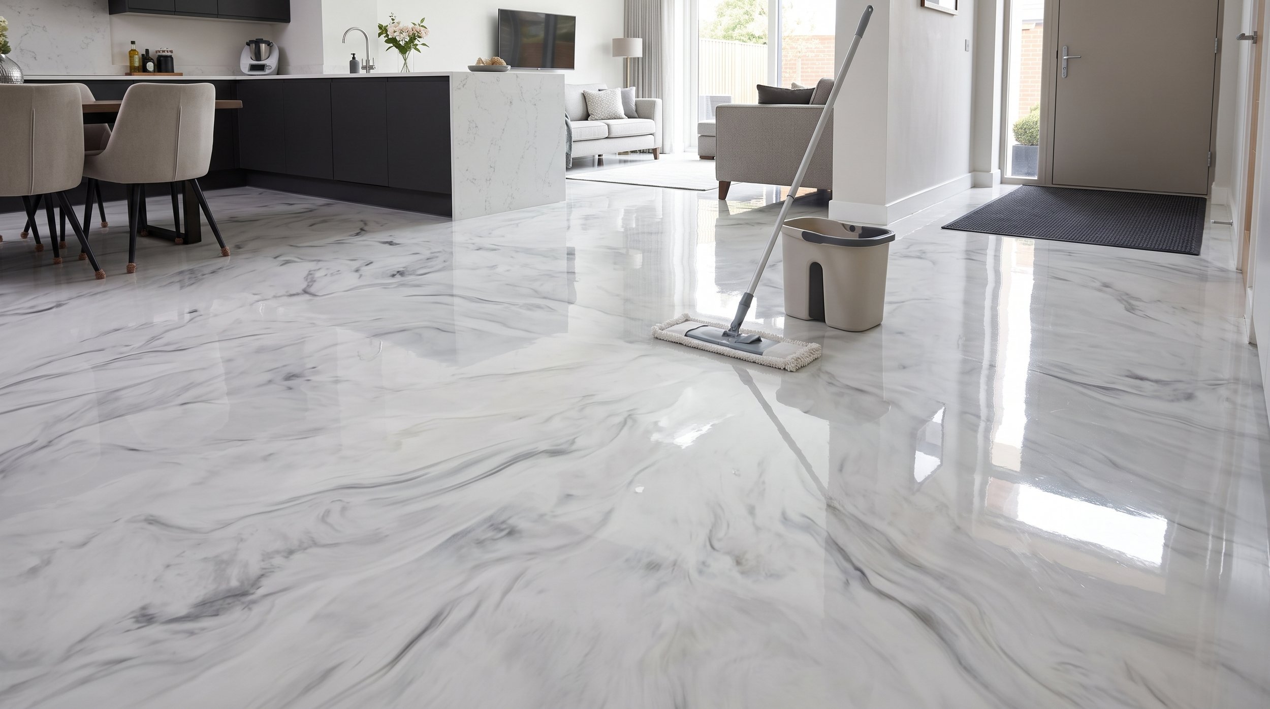 High-gloss white and gray marble epoxy resin floor being cleaned with a microfiber mop in a modern open-plan home.