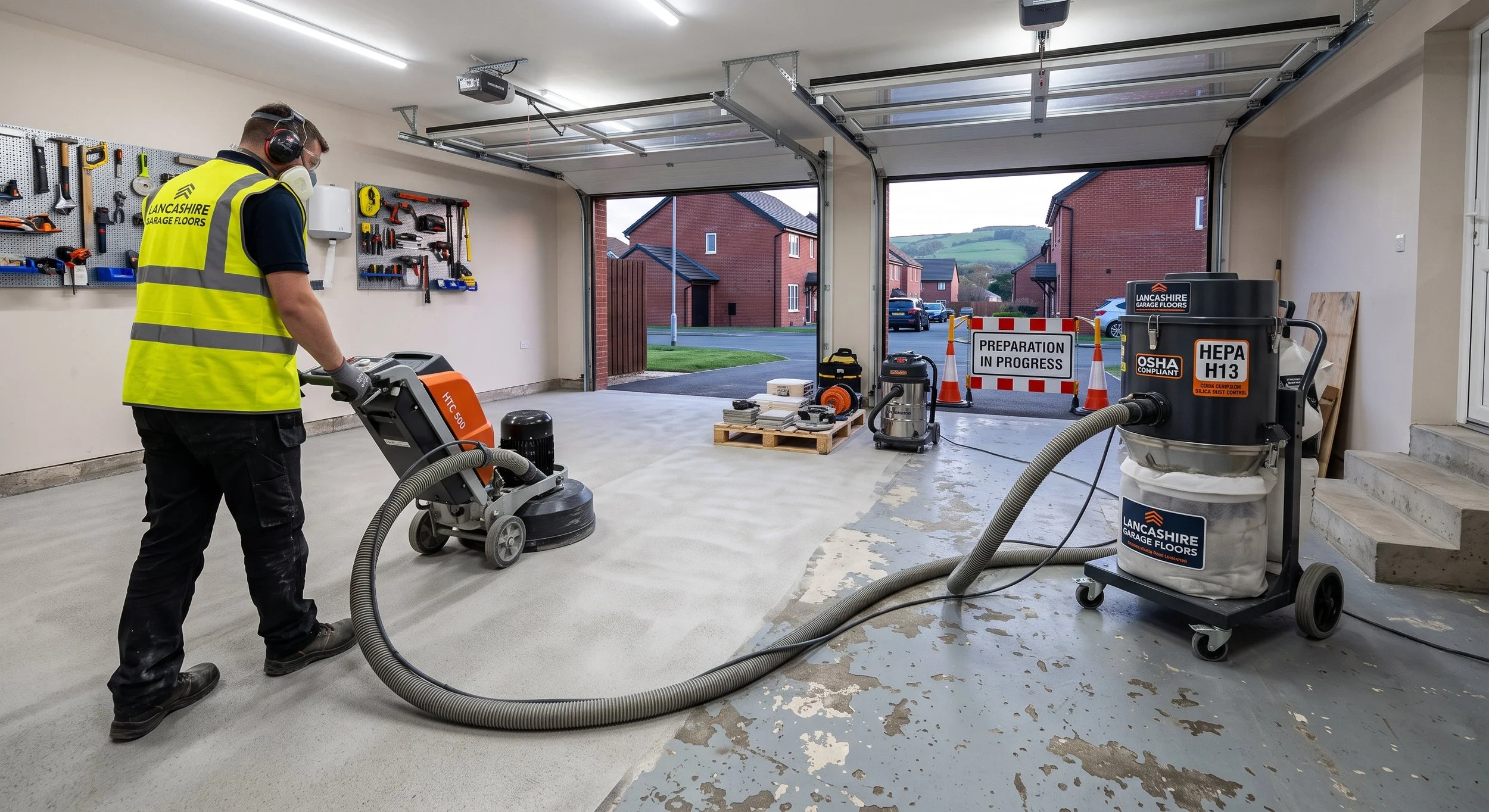 A worker in a garage with construction and cleaning equipment, including a floor polishing machine, vacuum, and various tools on the wall. The garage door is open, showing a neighborhood with red brick houses and a hill in the background.