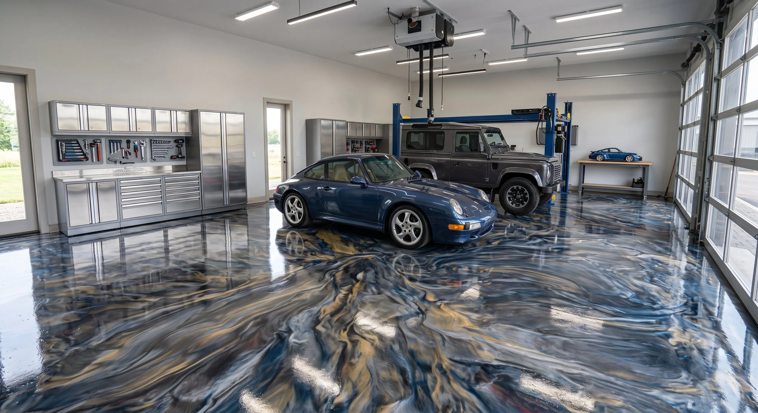 Inside a modern garage with a glossy, marbled floor, two vehicles—a blue sports car and a dark utility vehicle—are parked. The garage has large windows, a wall with stainless steel cabinets, and a tool organizer. The ceiling features bright lights and an automated garage door opener.
