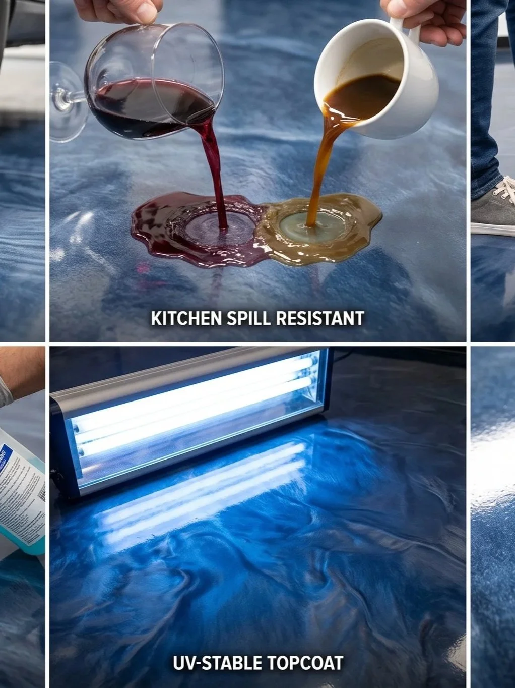 Two photos demonstrating a UV-stable topcoat. The first shows two cups spilling liquids, one red wine and one coffee, onto a surface with the text "Kitchen Spill Resistant." The second shows a UV light illuminating a surface coated with a protective layer that resists damage and stains.