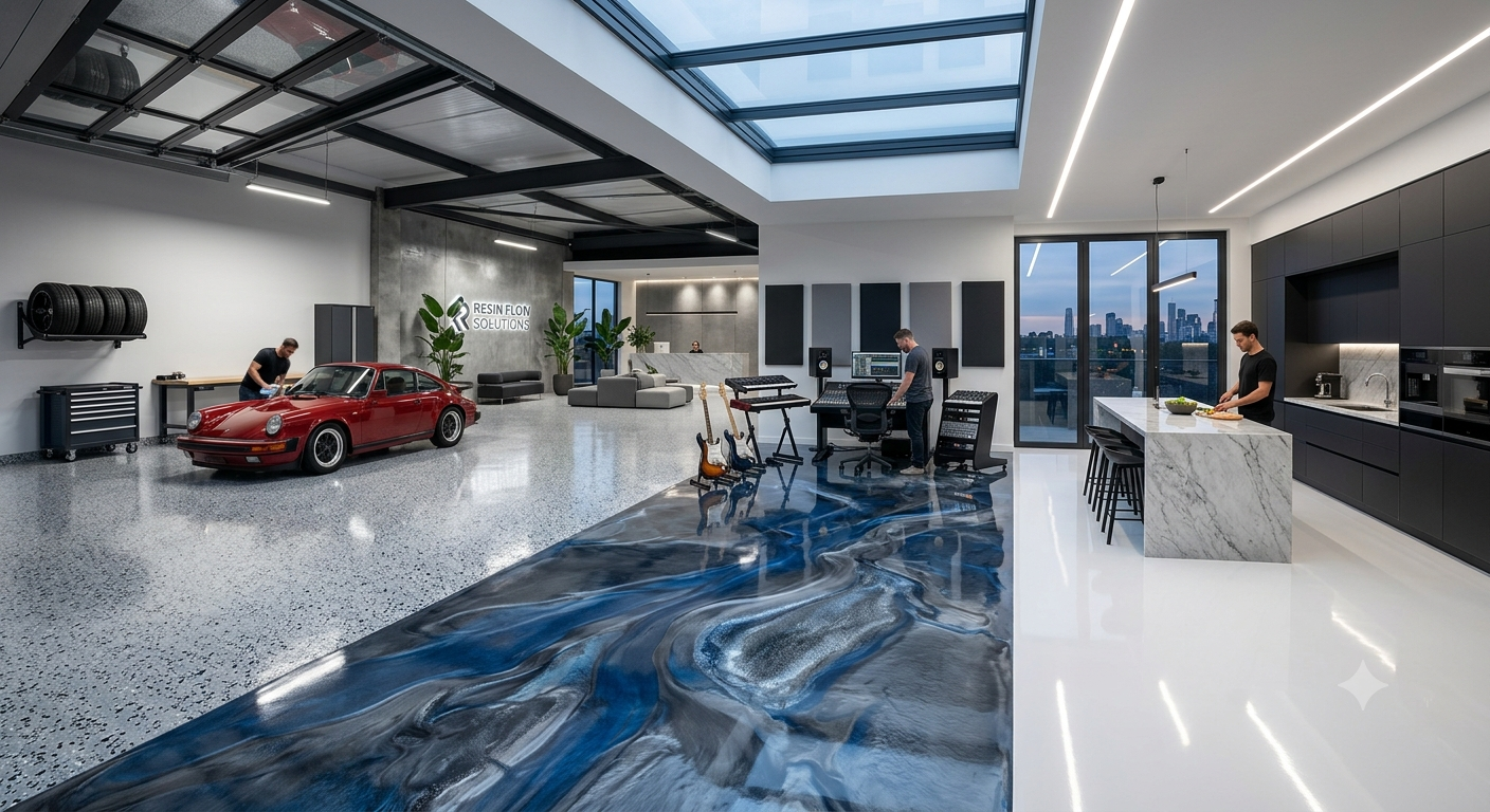 Modern large garage with a red sports car, a person working on the car, a music studio area with guitars and a person working in it, and a kitchen area with a person preparing food, high ceilings with skylights, and city view through large windows.