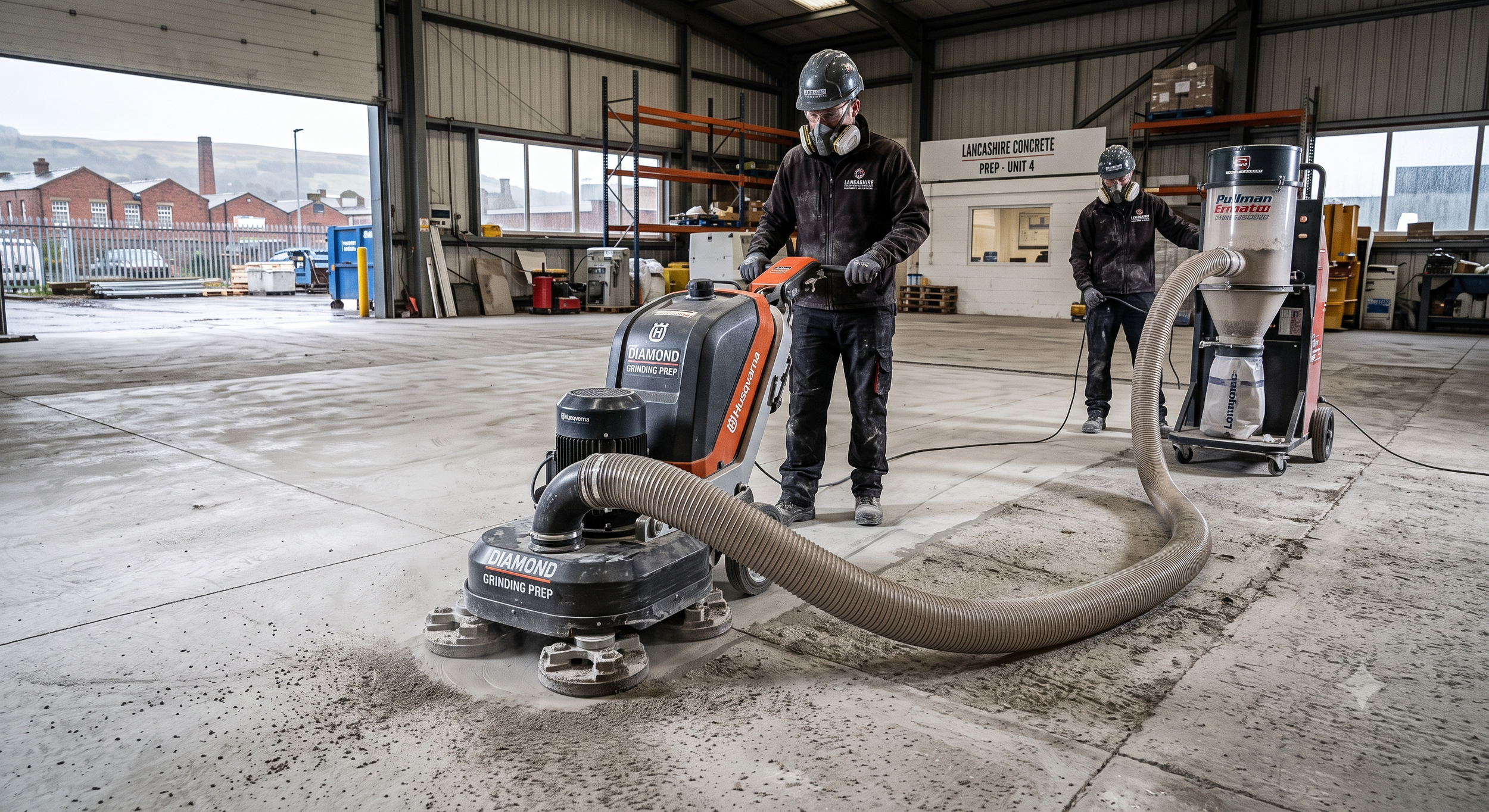 Concrete subfloor mechanical preparation using heavy-duty diamond grinding and integrated HEPA dust extraction on a site in Lancashire.