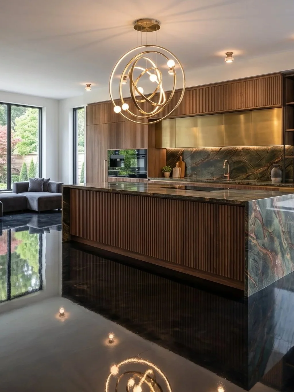 Modern kitchen with wooden cabinetry, marble countertops, and a gold backsplash, illuminated by a contemporary gold light fixture, with large windows and a living area with sofas in the background.
