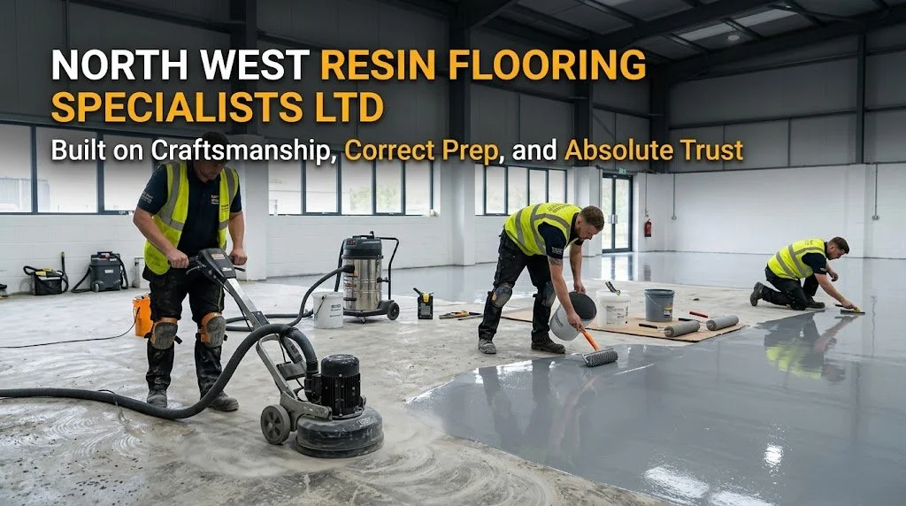 Three workers in yellow safety vests are installing resin flooring in a large industrial space, using rollers and equipment on a concrete subfloor.
