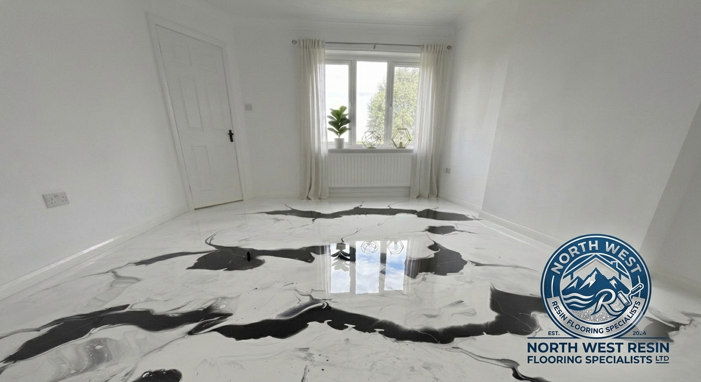 Seamless metallic marble epoxy flooring installation in a modern Living room in Deeside, Flintshire. High-gloss, hygienic, and UV-stable finish by North West Resin Flooring Specialists