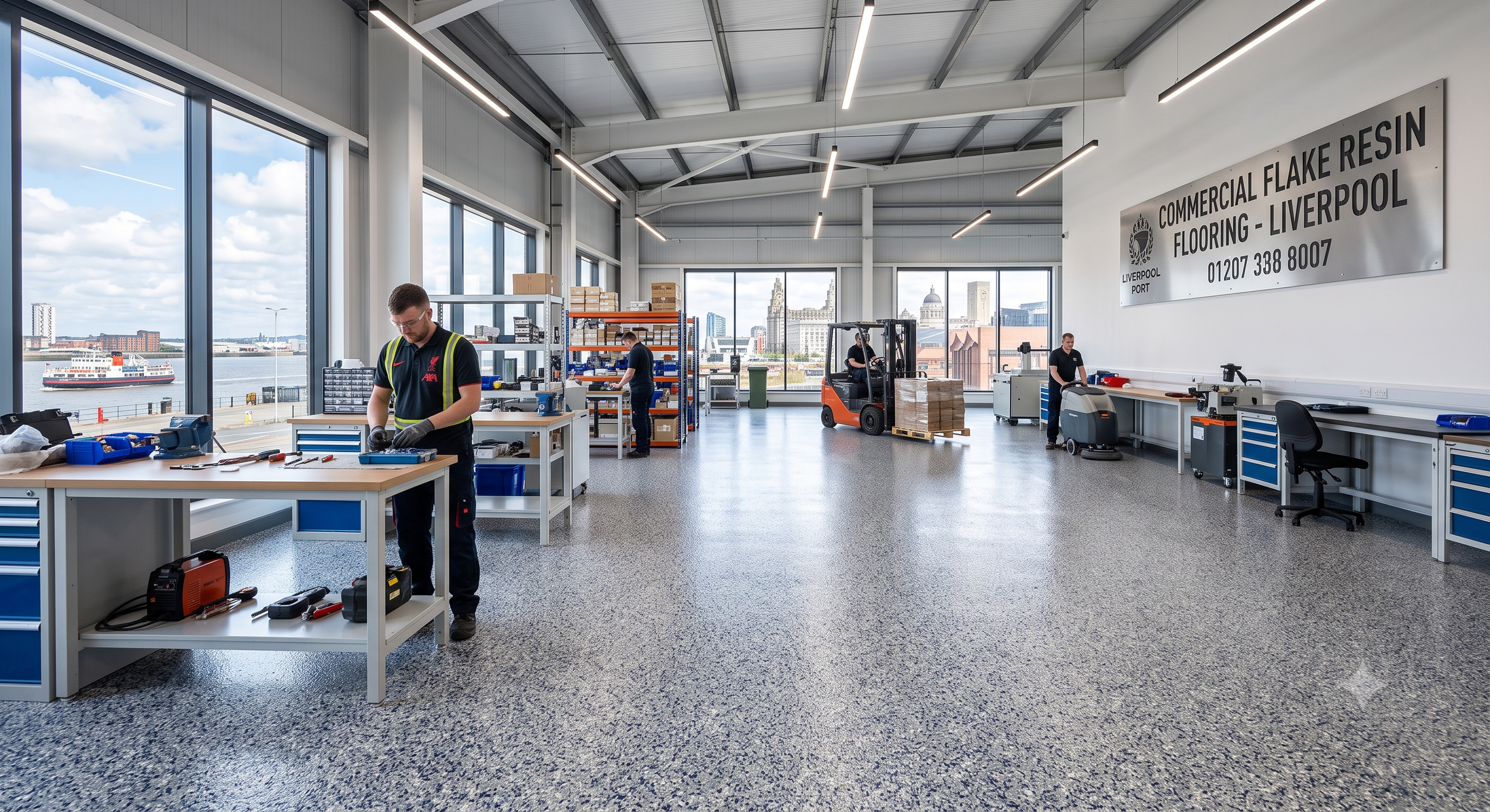 Commercial decorative resin flake installation for a Liverpool workshop. Engineered for high foot traffic, impact resistance, and effortless maintenance.
