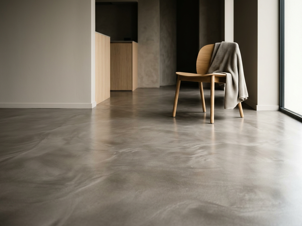 A minimalist room with a single wooden chair draped with a gray blanket, positioned next to a large window, with a smooth, polished concrete floor and a neutral-colored wall.