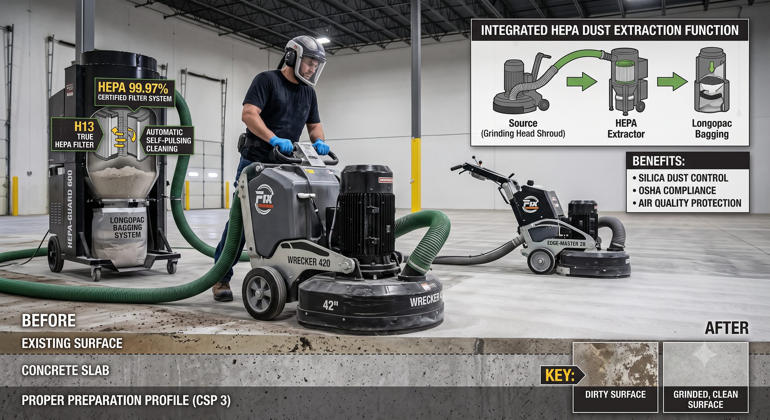 Image showing a worker operating concrete grinding and polishing equipment in an industrial setting. The equipment includes a concrete grinder, dust extraction system, and a diagram illustrating the dust extraction process with labels for source, extractor, and bagging. The scene compares the surface before and after grinding, highlighting the cleaning process.