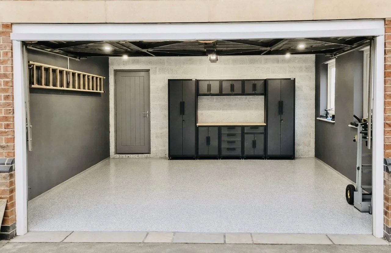 Empty garage with gray cabinets, storage drawers, a wall-mounted ladder, window, and garage door opener.