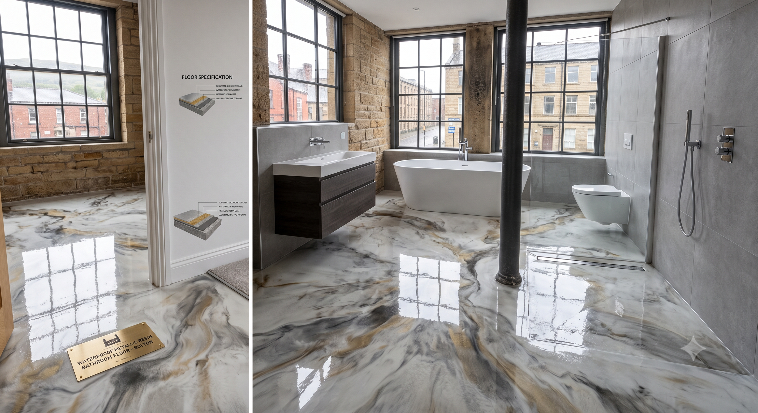 100% waterproof metallic epoxy resin floor installed in a residential wetroom in Bolton, Lancashire. Completely grout-free and seamless surface.
