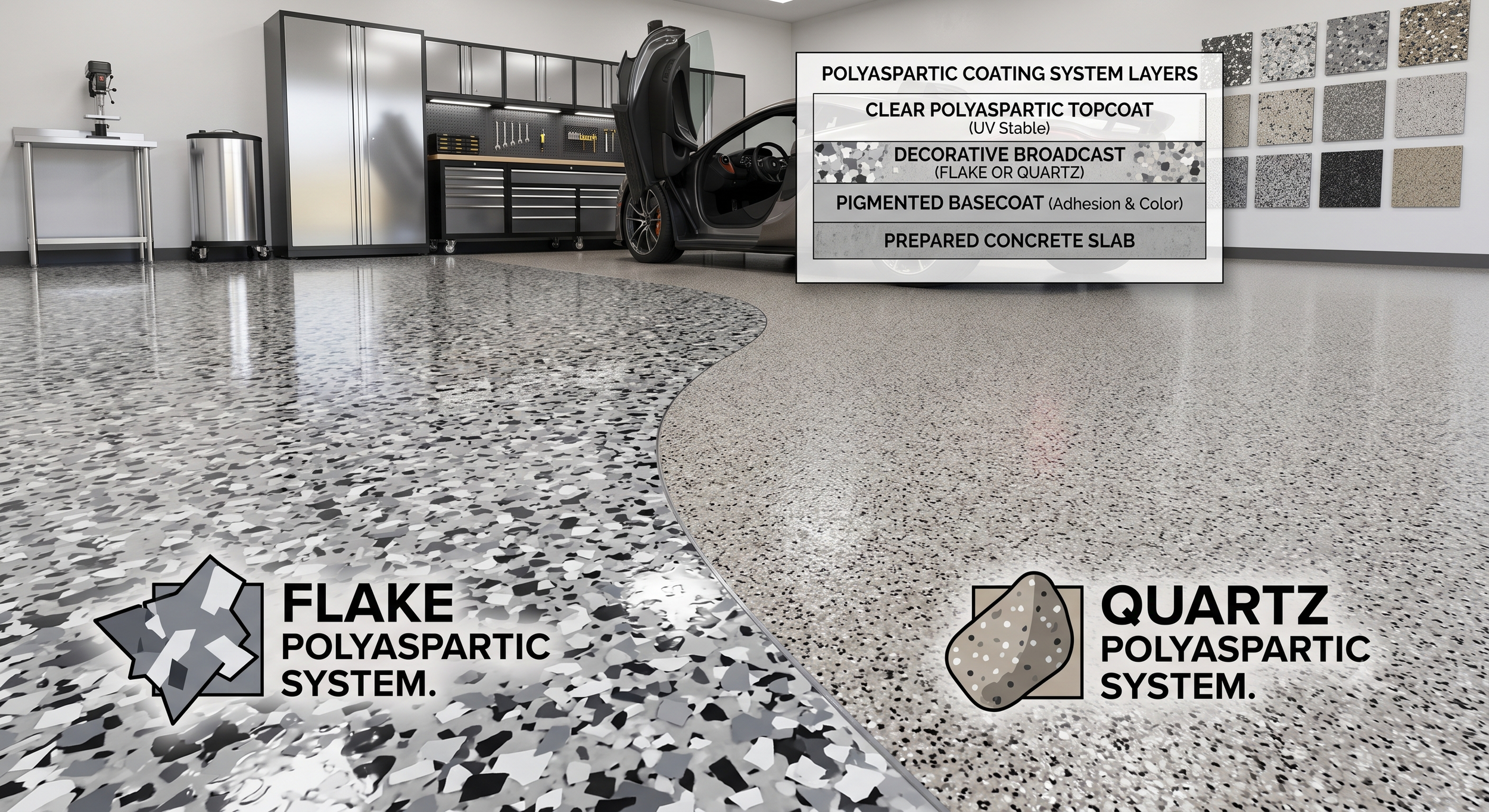Workshop with various types of decorative concrete surfaces, including flake polyaspartic system and quartz polyaspartic system, with a car parked in the background.