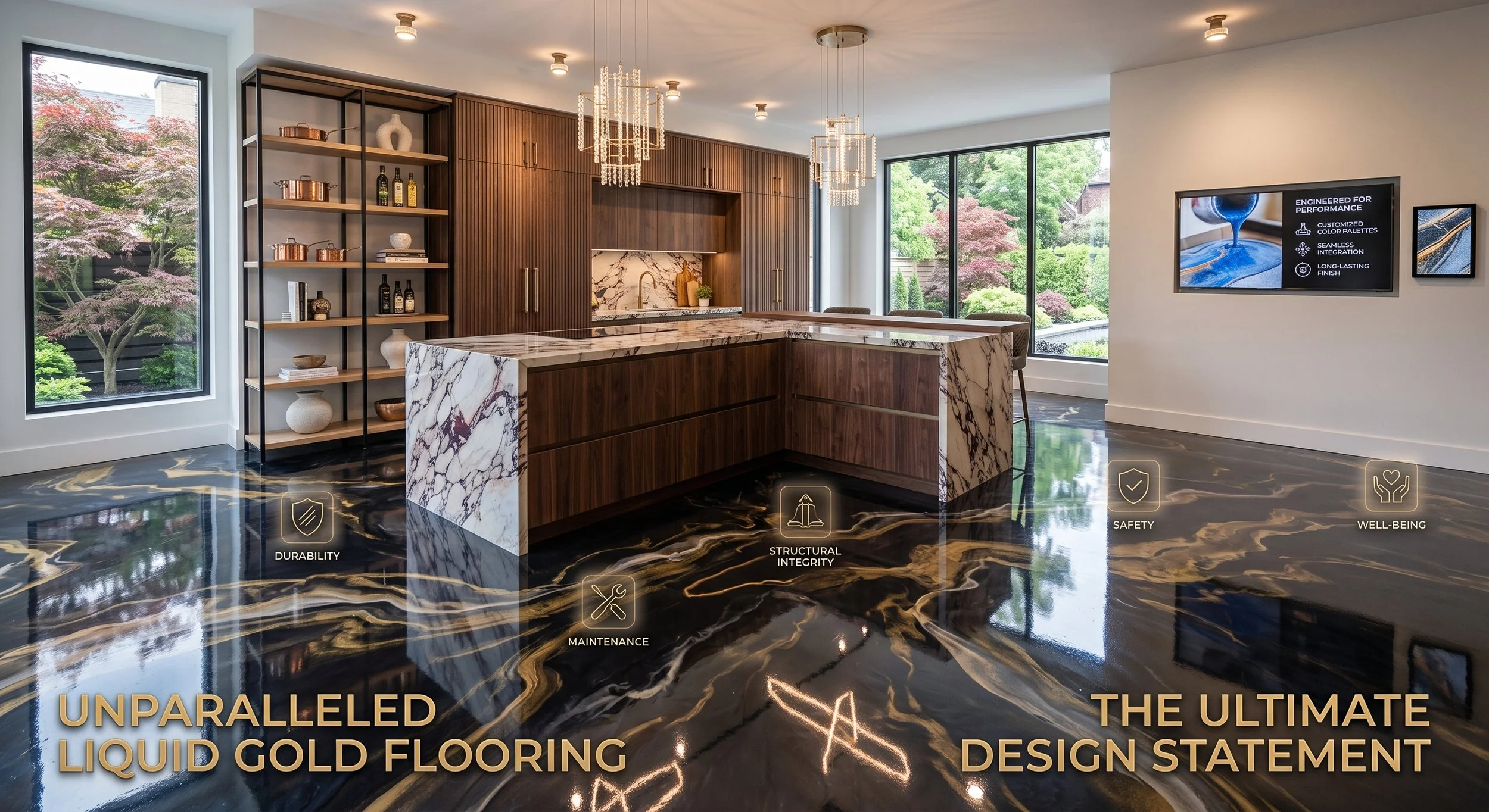 Modern kitchen with dark wood cabinets, a marble island, large windows showing greenery outside, and a black and gold liquid gold flooring.