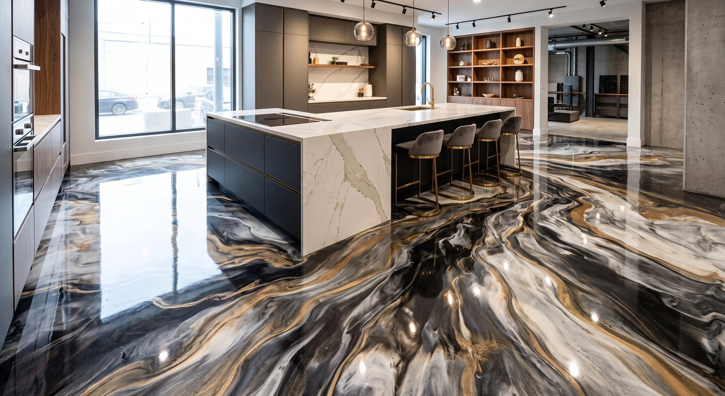 Modern kitchen with marble island, black, gray, and wooden cabinets, marble flooring, large window, pendant lights, and open shelving.