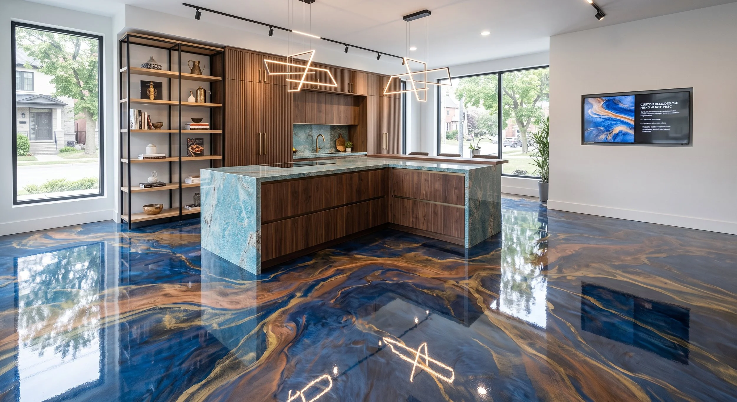 Modern kitchen with a colorful marble floor, a blue and green marble kitchen island, wooden cabinets, open shelving, a geometric chandelier, large windows, and a wall-mounted TV.
