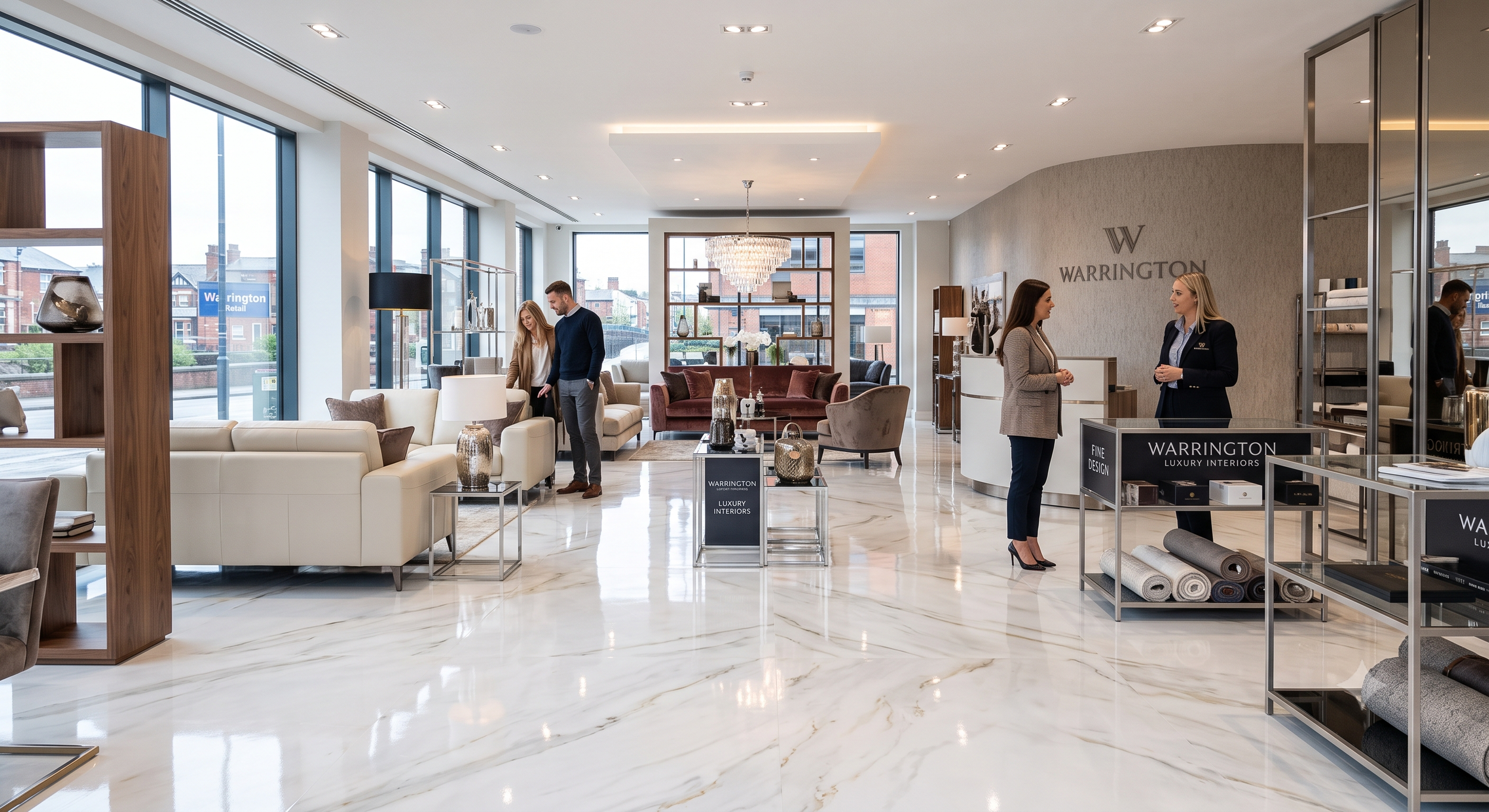 Seamless high-gloss metallic epoxy resin installation for a luxury retail showroom in Warrington. Impervious to heavy traffic and easy to keep clean.