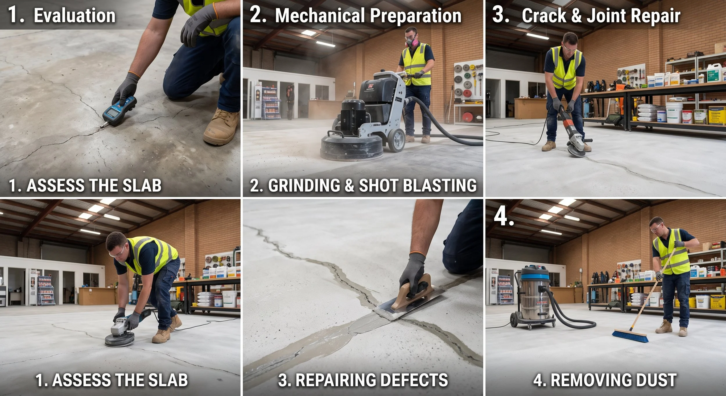 Steps for concrete repair process shown in a workshop: 1. assess the slab with a digital device, 2. use a grinder and shot blaster for mechanical preparation, 3. repair cracks and joints, 4. remove dust with a broom. Worker in safety gear performs these tasks.