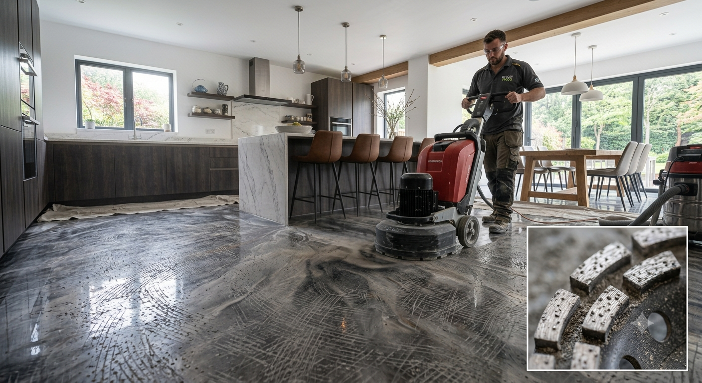 A person operating a floor grinding machine in a modern kitchen with large windows, hardwood cabinets, island, and dining area, while a close-up inset shows the grinding disc on the floor.