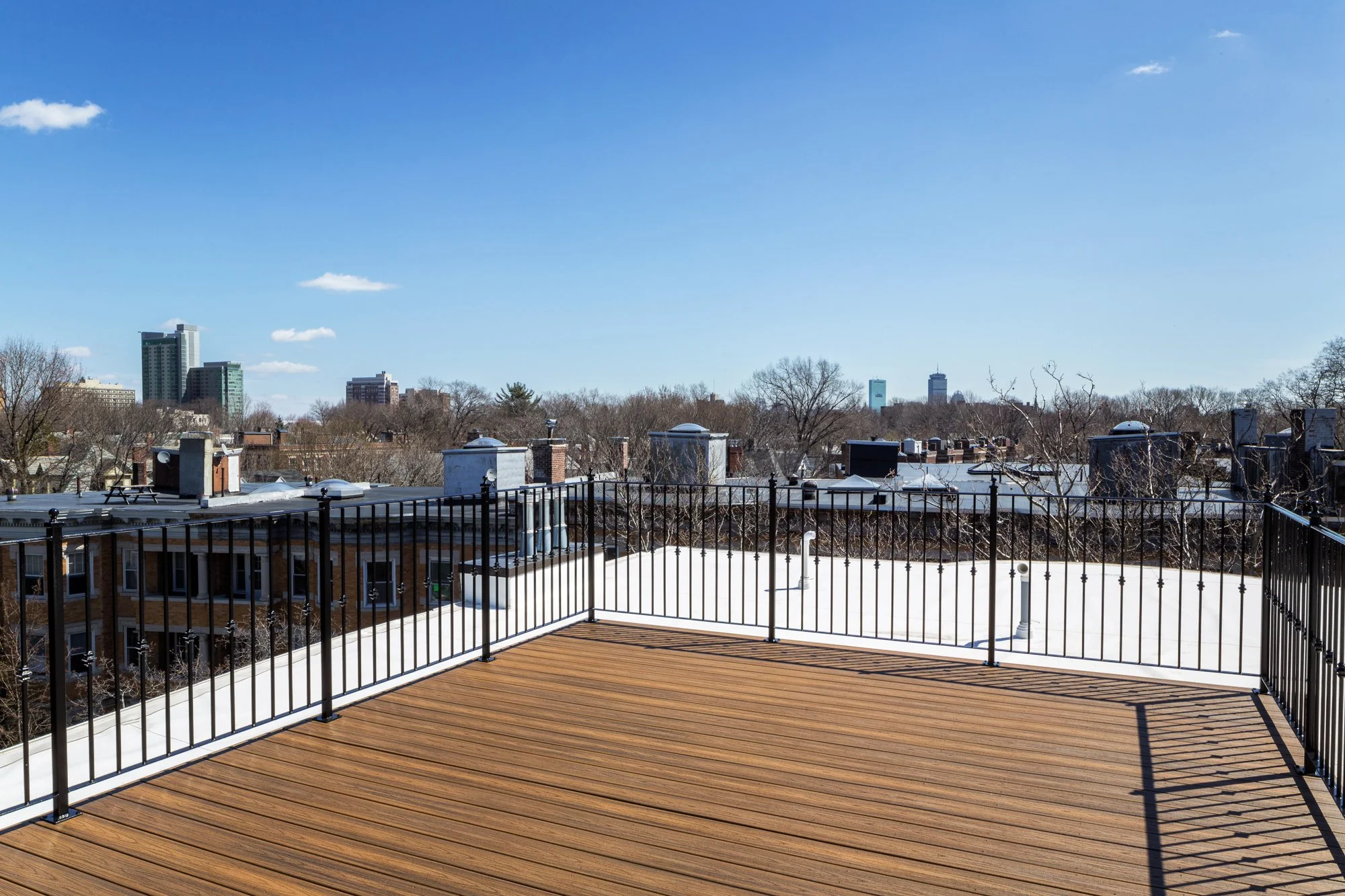 City skyline view from a rooftop deck with wooden flooring and black metal railing; buildings and leafless trees under a blue sky with a few white clouds.