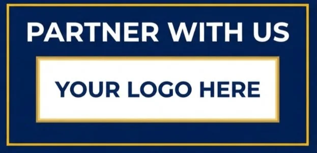 A promotional graphic with a dark blue background and white text that says 'Partner with us' and 'Your logo here', with a gold border surrounding the text.
