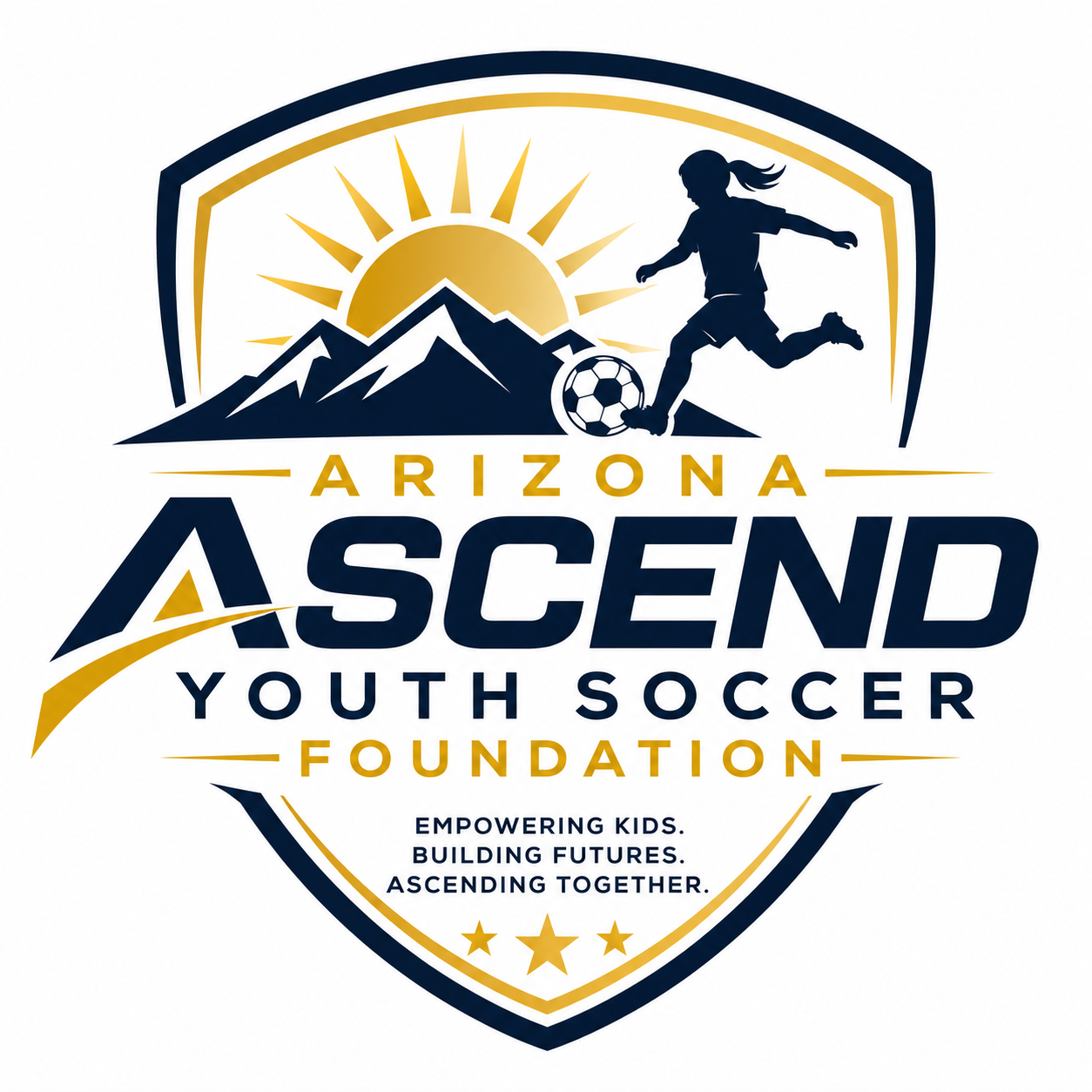Logo of Arizona Ascend Youth Soccer Foundation featuring a mountain, sunrise, and a girl playing soccer, with the foundation's name and tagline about empowering kids, building futures, and ascending together.