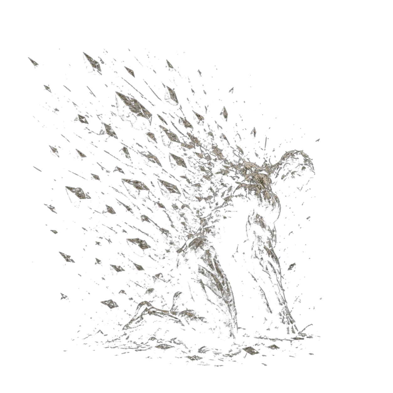 A digital illustration of a humanoid figure kneeling with head down and shoulders hunched. The figure appears to be breaking apart or dissolving into shards that resemble electronic fragments or shards of glass, radiating outward. The background is black, giving the image a dark and intense atmosphere.