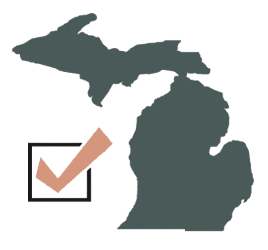 A map of the United States with a checkmark icon next to it.
